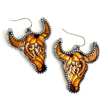 WYO-HORSE TOOLED STAMPED STEER HEAD DANGLE EARRINGS JE465