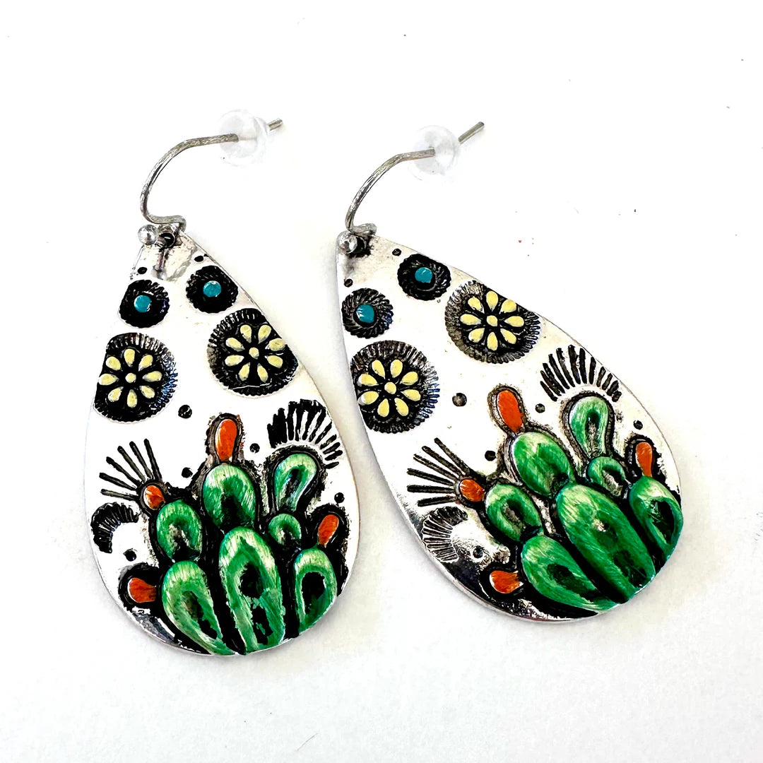 Painted Prickly Pear Earrings - Silver