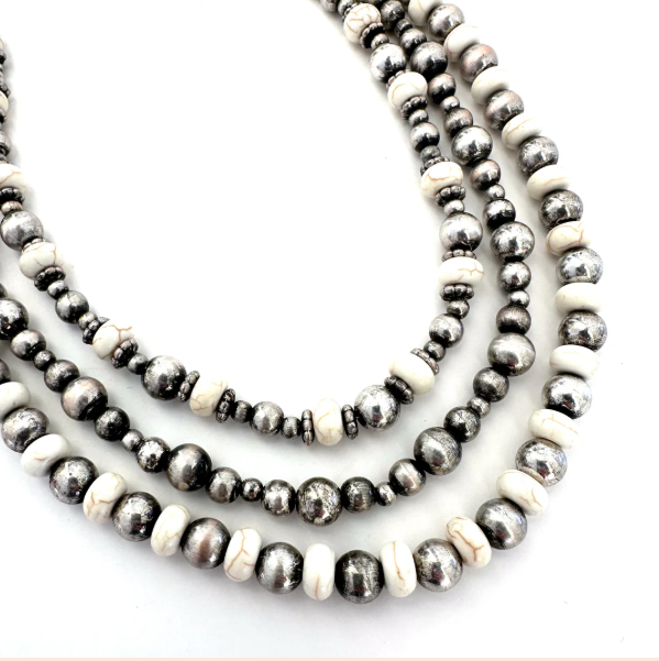 Triple Strand Stone and Silver Bead Necklace 16" - J354