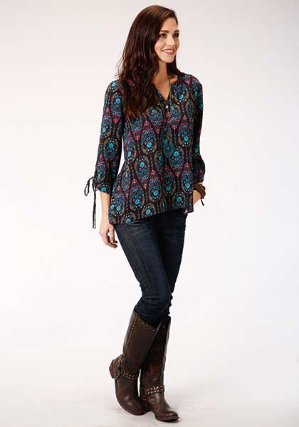 ROPER WOMENS L/S PRINTED PEASANT BLOUSE - SOFT POLY CREPE