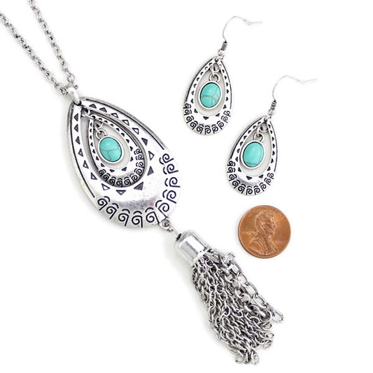 WYO-HORSE SILVER METAL TURQUOISE DROPS WITH METAL TASSELS SET J191S