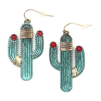 WYO-HORSE WIRE WRAPPED PATINA SAGUARO CACTUS EARRINGS JE283PT