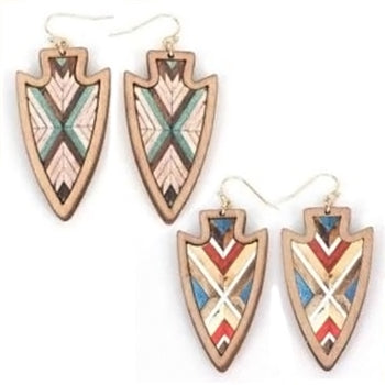 WYO-HORSE ARROWHEAD CHEVERON WOOD DANGLE EARRINGS JE304NAT JE304RD