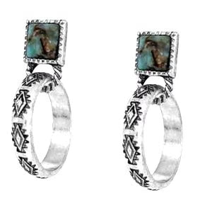 Silver Stamp Hoop Earrings with Square Stone