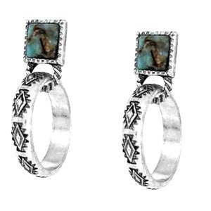 WYO-HORSE SILVER STAMPED HOOP EARRINGS W/ SQUARE STONE JE388SQ