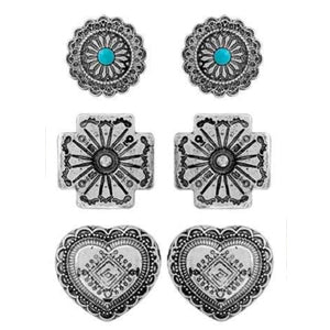 WYO=HORSE SILVER 3 PACK CONCHO EARRINGS JE399