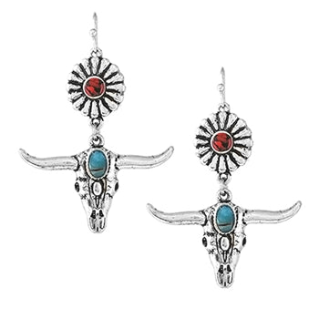 WYO-HORSE LONGHORN & FLOWER DANGLE EARRINGS JE410TT