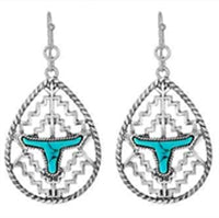 WYO-HORSE STEER TEAR DROP EARRINGS WITH TURQUOISE JE461
