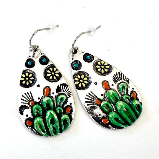 Painted Prickly Pear Earrings - Silver