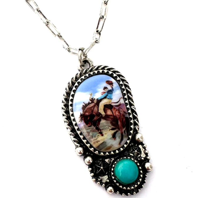 Rodeo Bucking Horse Illustrated Necklace