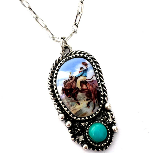 Rodeo Bucking Horse Illustrated Necklace