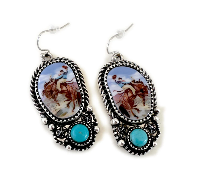 Rodeo Bucking Horse Illustrated Earrings