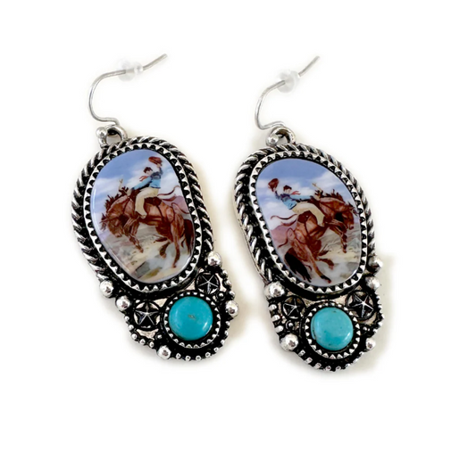 Rodeo Bucking Horse Illustrated Earrings