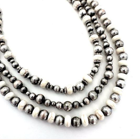 Triple Strand Stone and Silver Bead Necklace 16" - J354