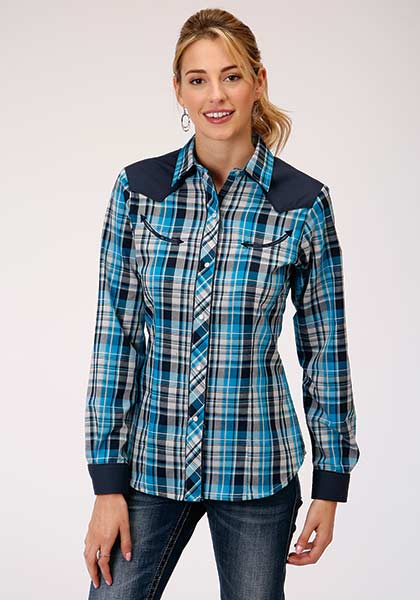 ROPER LADIES TURQUOISE/BLACK/GREY PLAID PRINT - SNAPS- 'RR' LOGO
