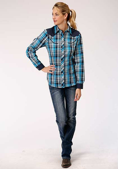 ROPER LADIES TURQUOISE/BLACK/GREY PLAID PRINT - SNAPS- 'RR' LOGO