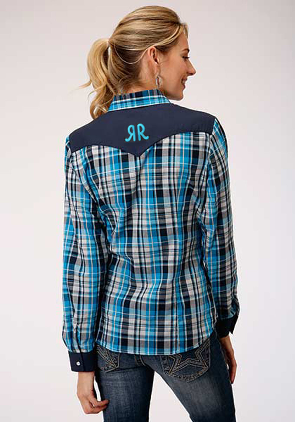 ROPER LADIES TURQUOISE/BLACK/GREY PLAID PRINT - SNAPS- 'RR' LOGO
