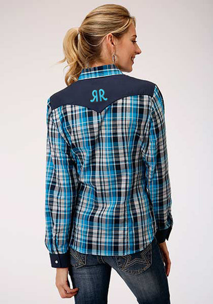 ROPER LADIES TURQUOISE/BLACK/GREY PLAID PRINT - SNAPS- 'RR' LOGO