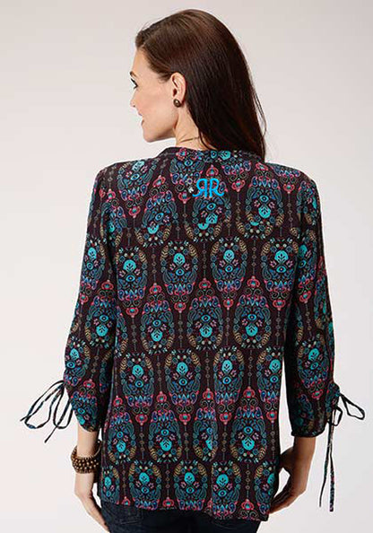 ROPER WOMENS L/S PRINTED PEASANT BLOUSE - SOFT POLY CREPE