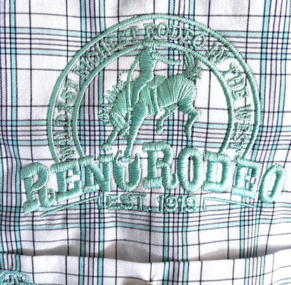Men's Wrangler Button-Down George Strait Short Sleeve Shirt Turquoise Plaid Print