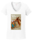 Girl with Horse Ladies V-Neck Tee 'Kisses'- White or Grey Cotton Blend