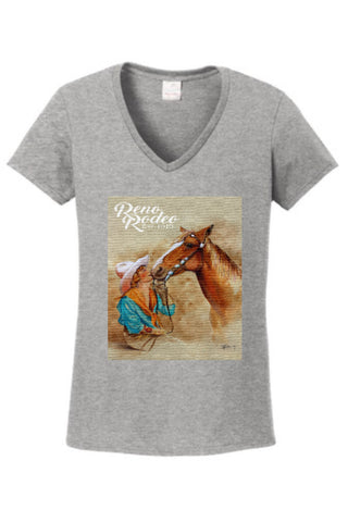 Girl with Horse Ladies V-Neck Tee 'Kisses'- White or Grey Cotton Blend