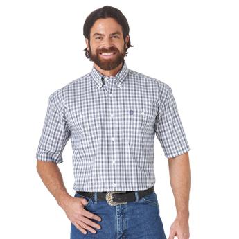 Wrangler G/S Men's Blue/White Plaid One Pocket Western Short Sleeve Shirt -  w/ Reno Rodeo Logo
