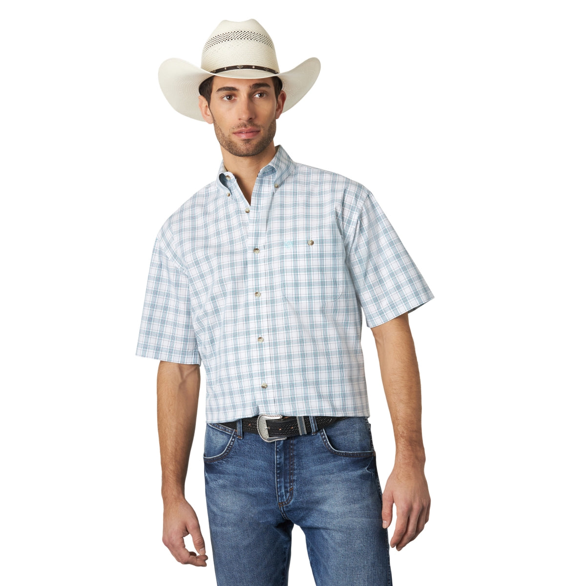Men's Wrangler Button-Down George Strait Short Sleeve Shirt Turquoise Plaid Print