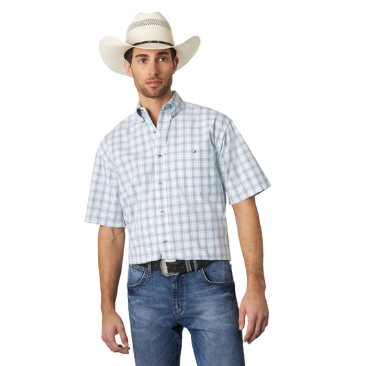 Men's Wrangler Button-Down George Strait Short Sleeve Shirt Turquoise Plaid Print