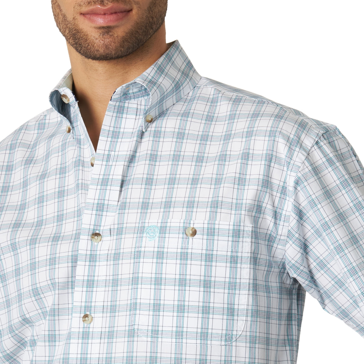 Men's Wrangler Button-Down George Strait Short Sleeve Shirt Turquoise Plaid Print