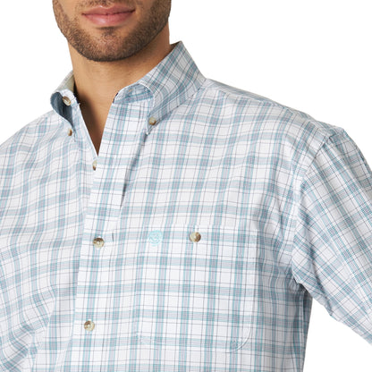Men's Wrangler Button-Down George Strait Short Sleeve Shirt Turquoise Plaid Print