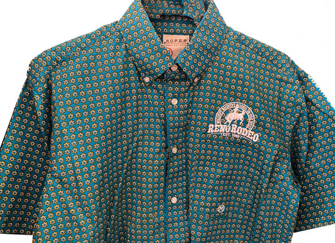 Roper Green Geometric Print Men's Short Sleeve Button-Down Shirt